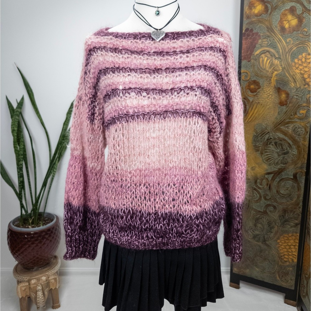 Y2K‎ Fairycore Open Knit Striped Sweater Mauve Plum Womens M L